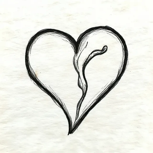 Hand-drawn ink heart with a jagged crack on textured off-white paper