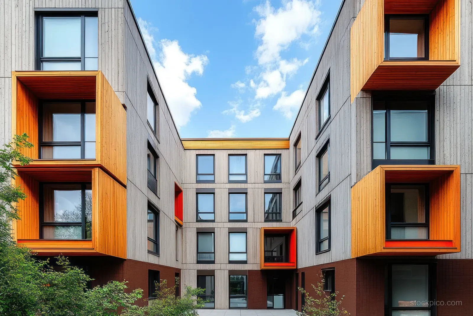 Modern apartment courtyard with concrete walls, orange window frames, large panes, and green bushes beneath a blue cloudy sky.