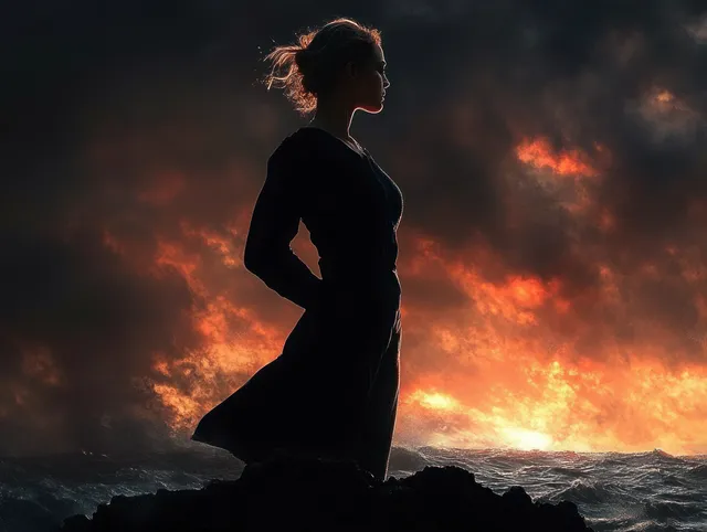 Silhouette woman meditating on ocean rocks beneath fiery sunset clouds