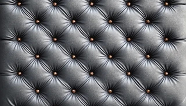 Close-up of a tufted leather wall panel with diamond stitching and small button studs under soft lighting.