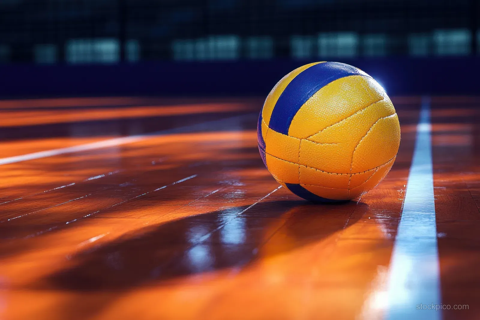 Yellow and blue volleyball resting on a shiny wooden indoor court next to a white boundary line.