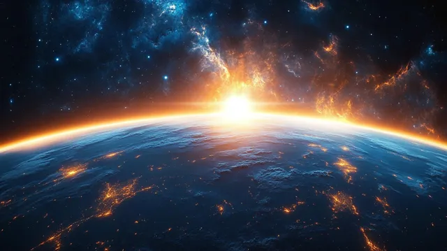 Sunrise over Earth from space with glowing city lights and star-filled nebula sky