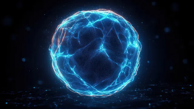 Glowing blue energy orb with electric light lines and floating particles against a dark background.