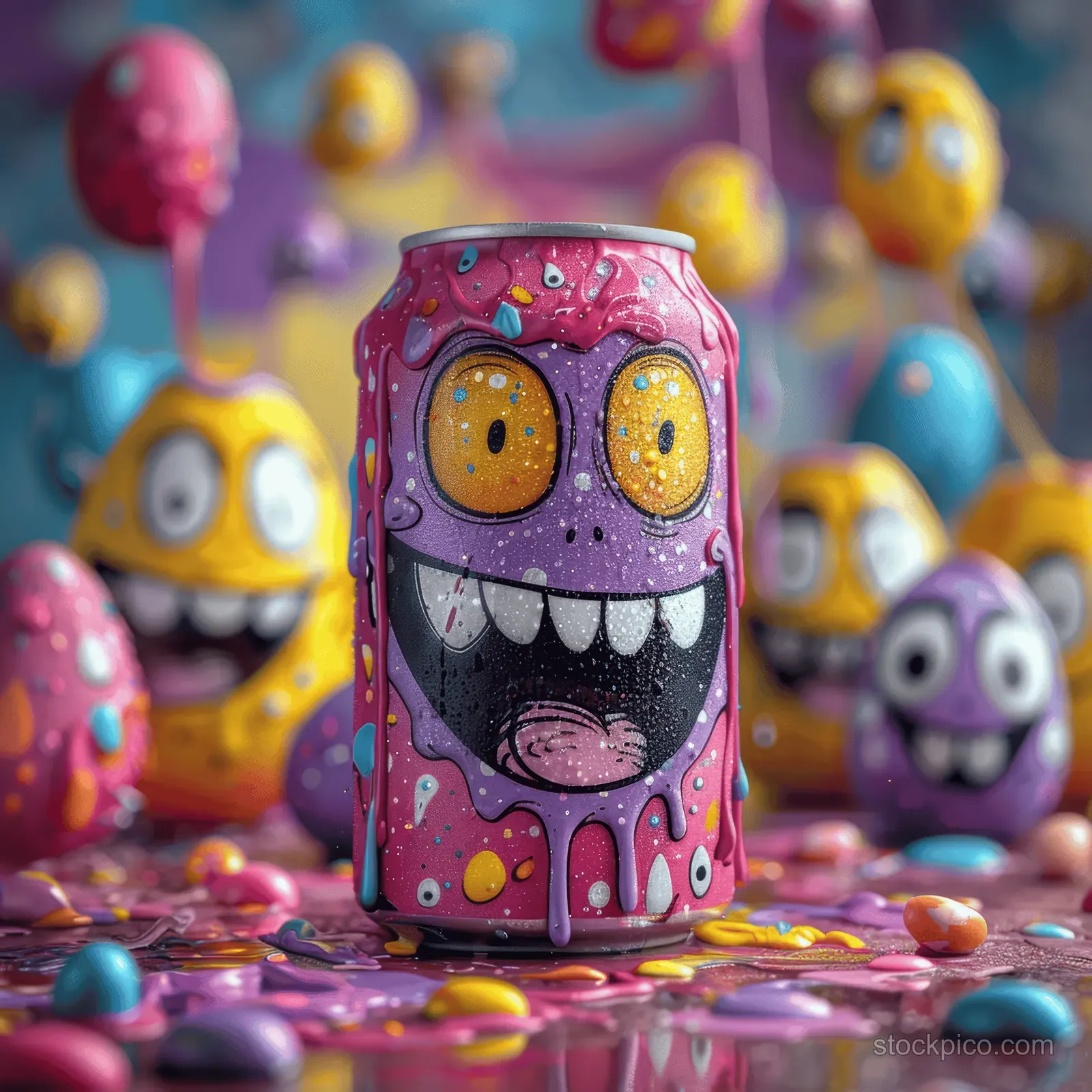 Colorful cartoon energy drink can with a monster face surrounded by bright Easter eggs and sprinkles.