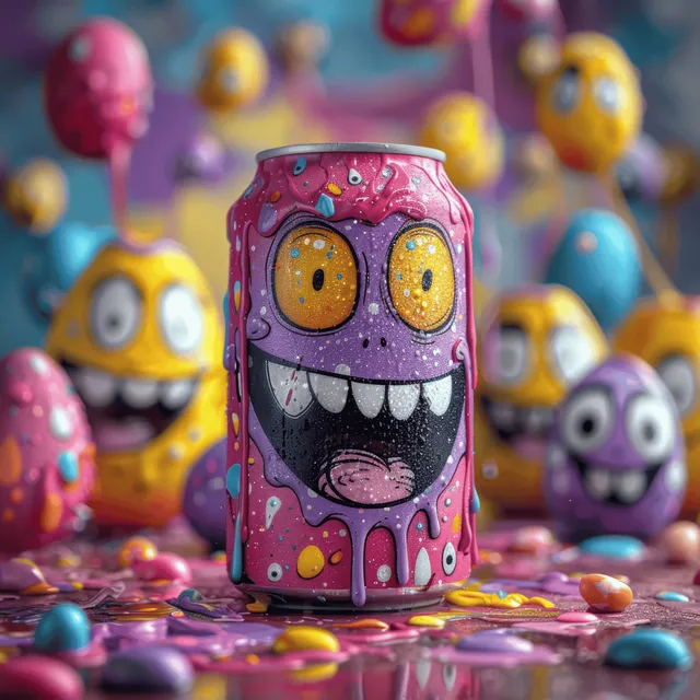 Colorful cartoon energy drink can with a monster face surrounded by bright Easter eggs and sprinkles.