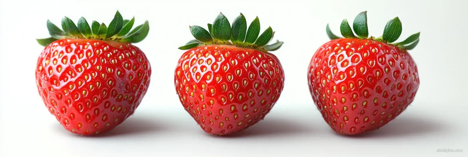 Three ripe strawberries with green leafy tops arranged in a row on a clean white background.