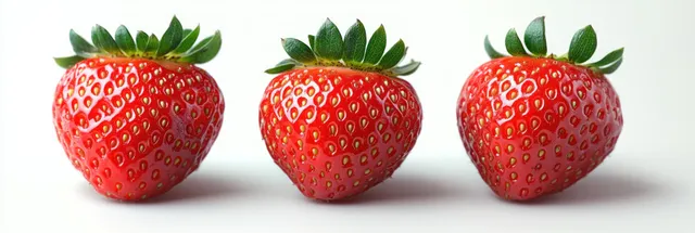 Three ripe strawberries with green leafy tops arranged in a row on a clean white background.