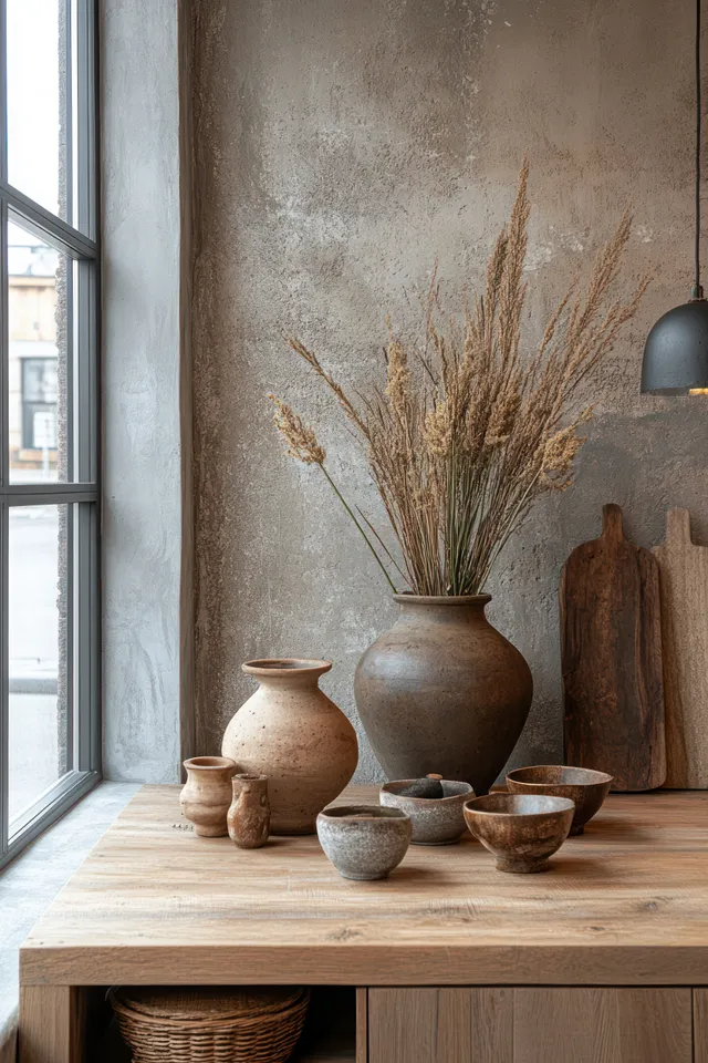 Minimalist studio desk with earthy clay bowls and vases beside a large window and a vase of dried reeds.