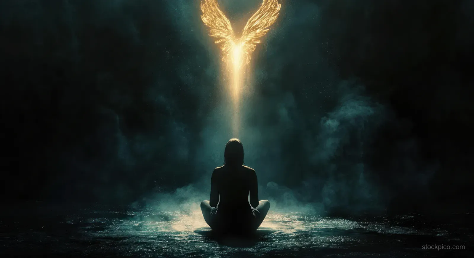 A man kneels praying in darkness as a glowing fiery dove of the Holy Spirit hovers overhead.
