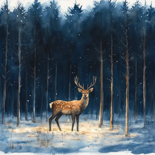 A deer stands on snowy ground in a misty blue forest with tall winter trees behind it.