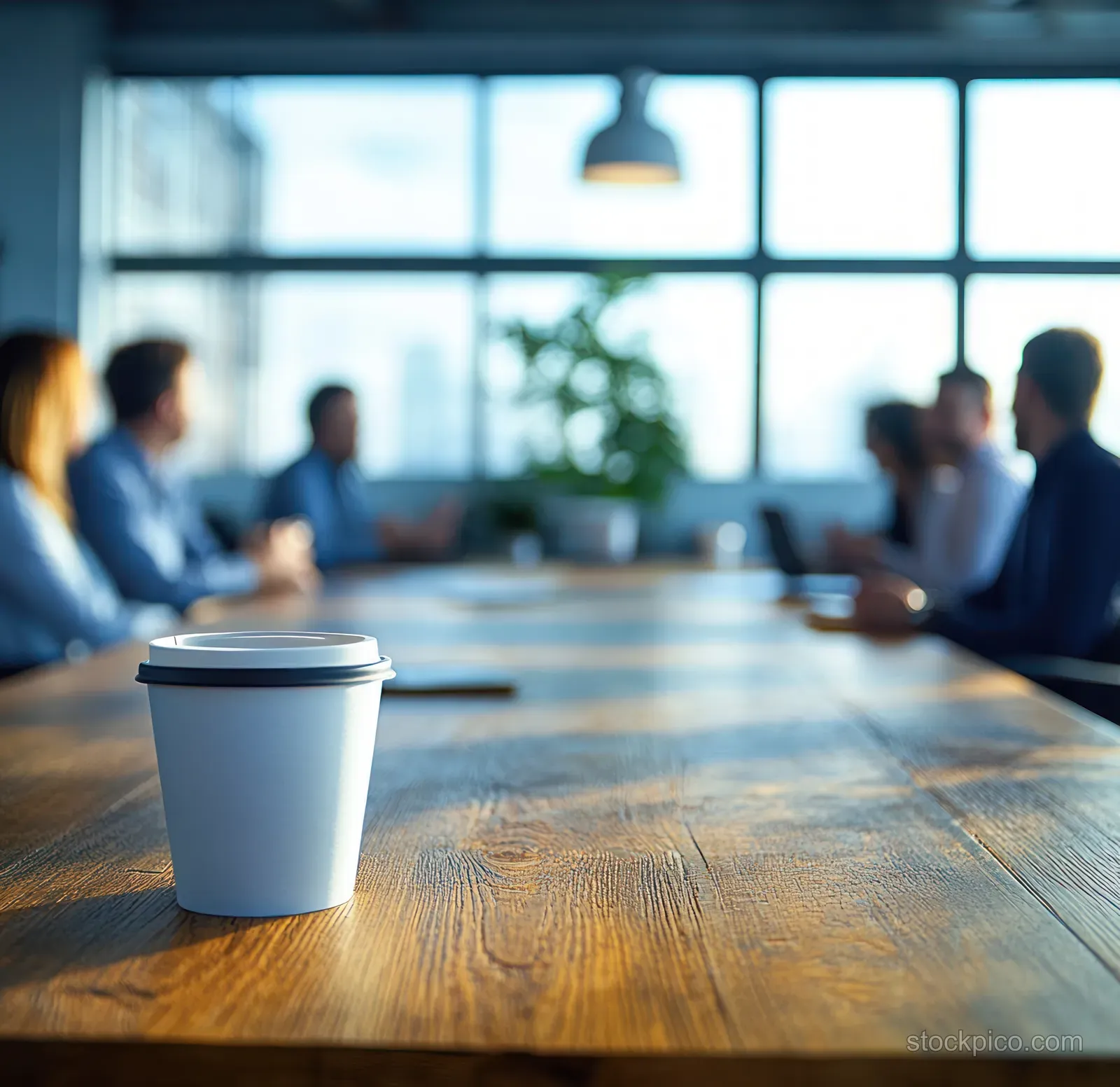 Coffee cup on a wooden table in the foreground while professionals meet and talk in a sunlit conference room.