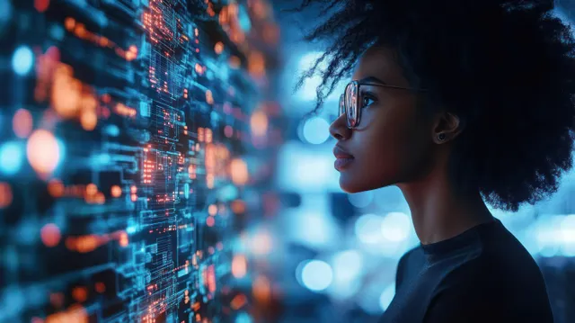 Focused young woman in glasses studying glowing red and blue data visualizations in futuristic tech