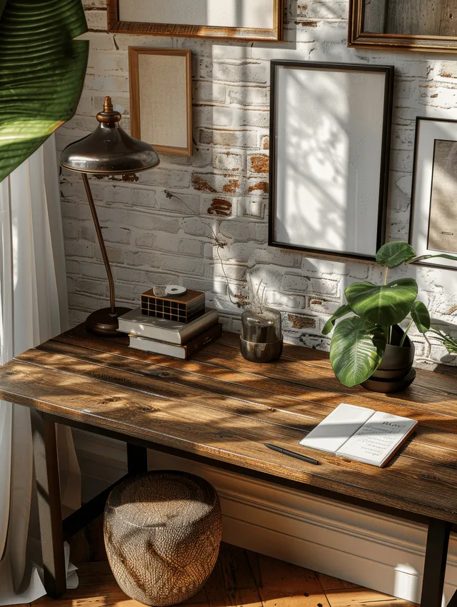 Rustic wooden desk in a sunlit boho room with a black-framed poster, tropical plants, and a lamp.