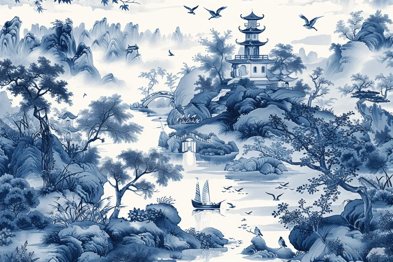 Blue-and-white seamless landscape pattern with pagodas, sailboats on water, and birds flying among trees and mist.