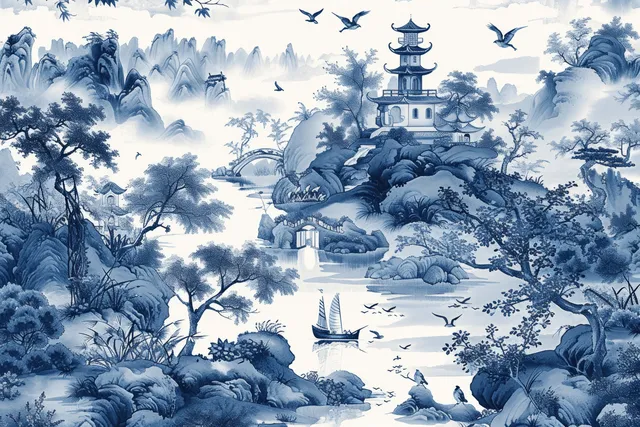 Blue-and-white seamless landscape pattern with pagodas, sailboats on water, and birds flying among trees and mist.