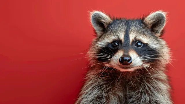 Cute raccoon peeks from behind a red backdrop with whiskers and alert eyes