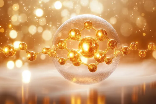 A glowing golden molecular structure inside a transparent sphere with sparkling light reflections on a smooth background.