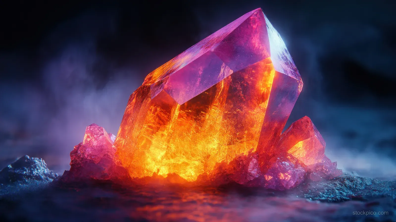 Purple crystal gem glowing with molten orange light sits on dark smoky rocks.