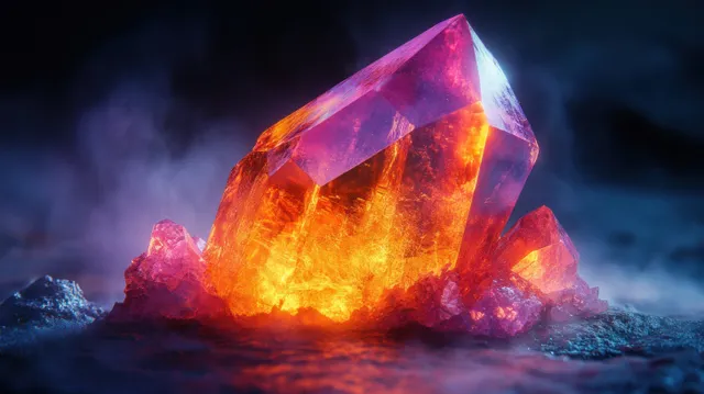 Glowing purple crystal gem with molten orange core in dark smoky rock