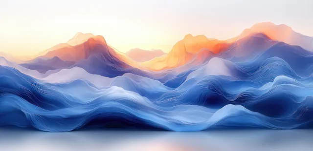 Blue mist waves drift across layered mountain silhouettes beneath a warm sunrise sky.