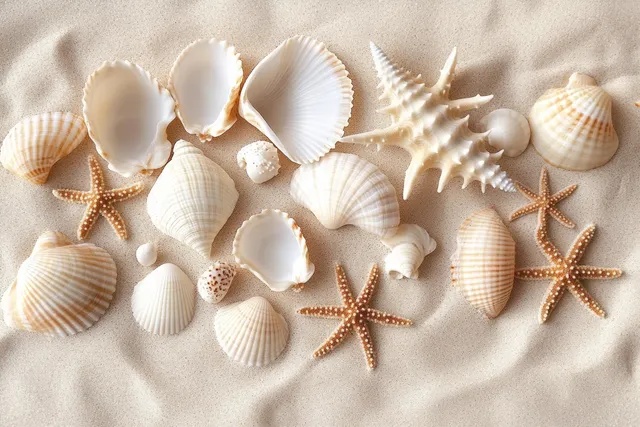 White seashells and starfish scattered on sandy beach with soft sunlit shadows.