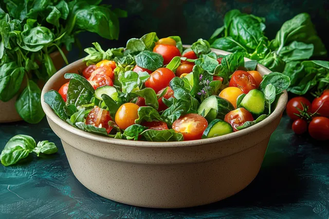 Ceramic bowl of mixed green salad with spinach, cherry tomatoes, and herbs on a textured dark surface.