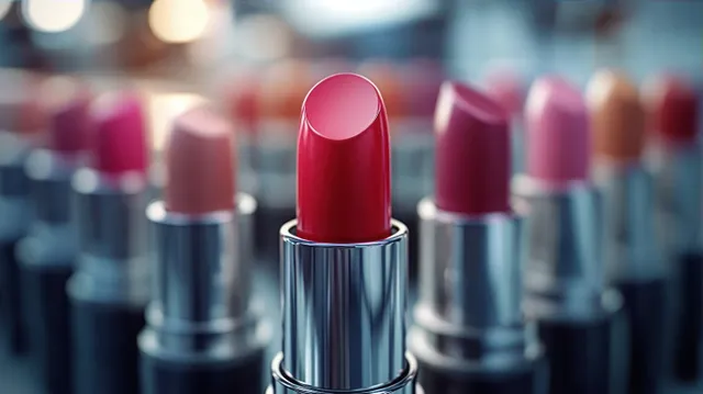 Close-up of a red lipstick standing out among colorful tubes in a softly lit display