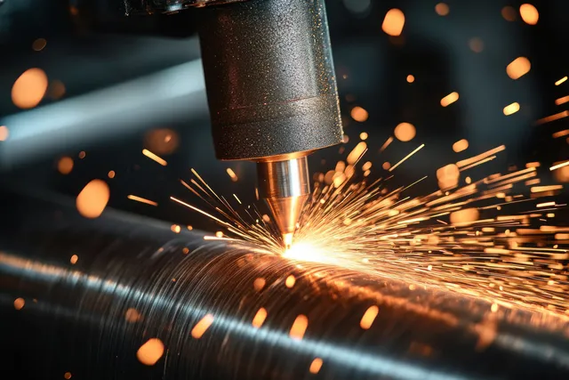 Close-up machining of a cylindrical steel workpiece with bright sparks from a cutting tool