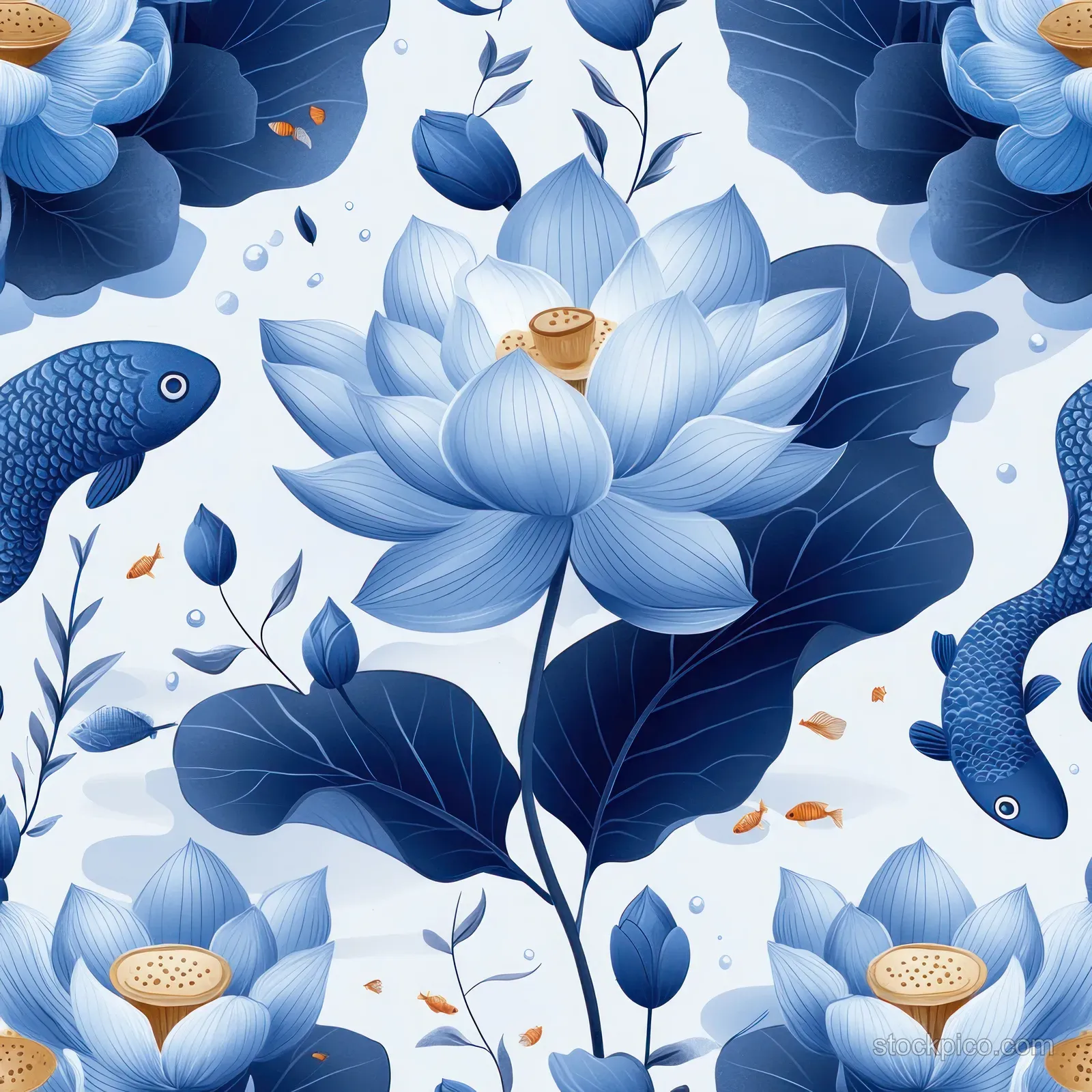 Seamless blue lotus floral pattern with small fish, leaves, and wave-like lines on a light textured background.