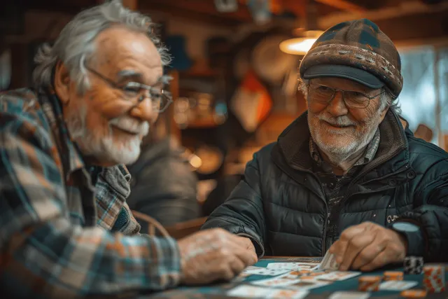 Senior men sit at a kitchen table playing cards with hot coffee cups in a warm, relaxed scene.