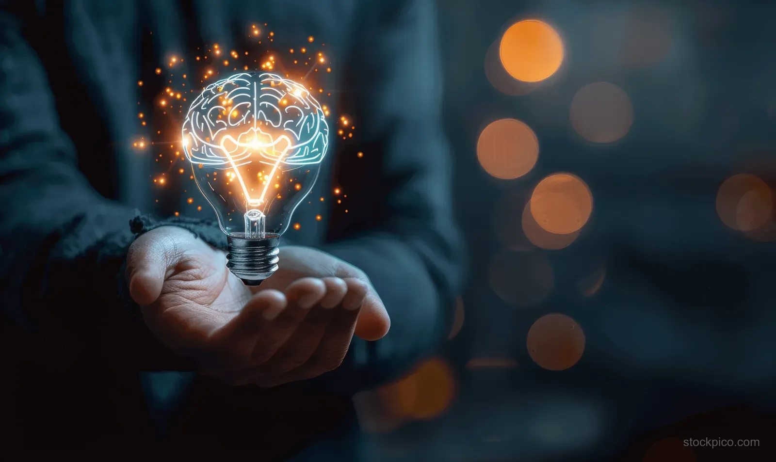 Businessman holds a glowing light bulb while a brain hologram radiates above it against a blurred night interface.