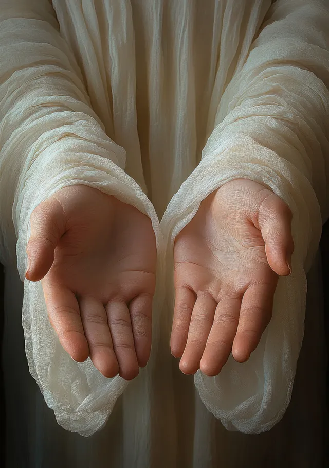 Two open hands in flowing white sleeves appear close-up under soft natural light.