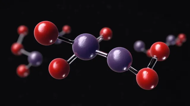 Red and purple spheres connected by gray rods on a black background.