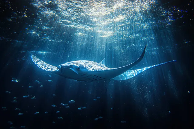 A manta ray glides through blue ocean water while a school of fish swims beneath it.