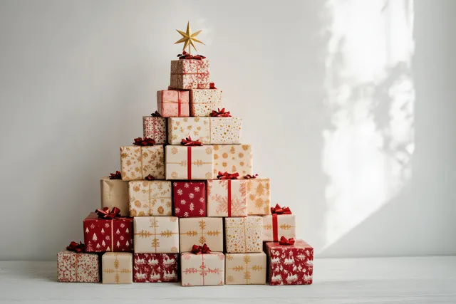 Stack of wrapped Christmas gift boxes shaped like a tree with red bows and a golden star.
