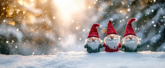 Three red-capped Christmas gnomes stand together on snowy ground with glowing bokeh lights behind them.