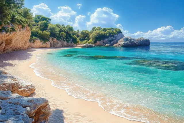 Majorca Cala Llombards beach with turquoise surf, golden sand, and rocky cliffs under blue sky