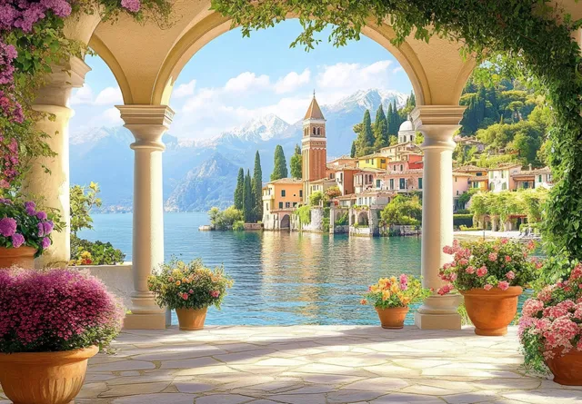 Sunlit stone patio with arches and potted flowers overlooking a calm lake and an Italian village with a church tower.