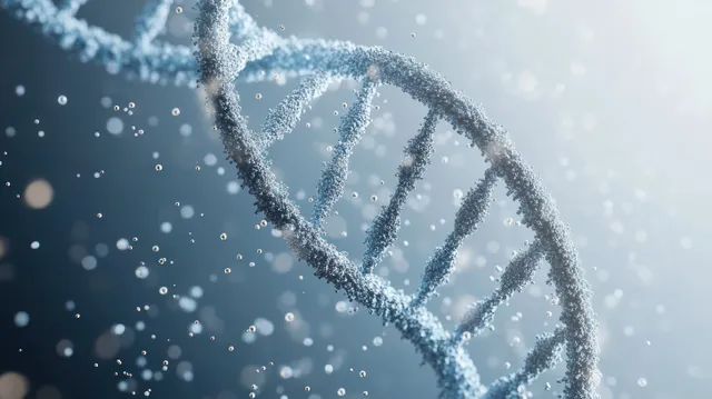 A DNA double helix built from spherical particles curves across a soft blue-gray background.