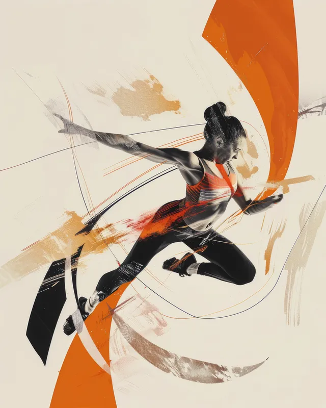 A female gymnast is frozen midair in a split pose amid swirling ink lines and orange brushstrokes.