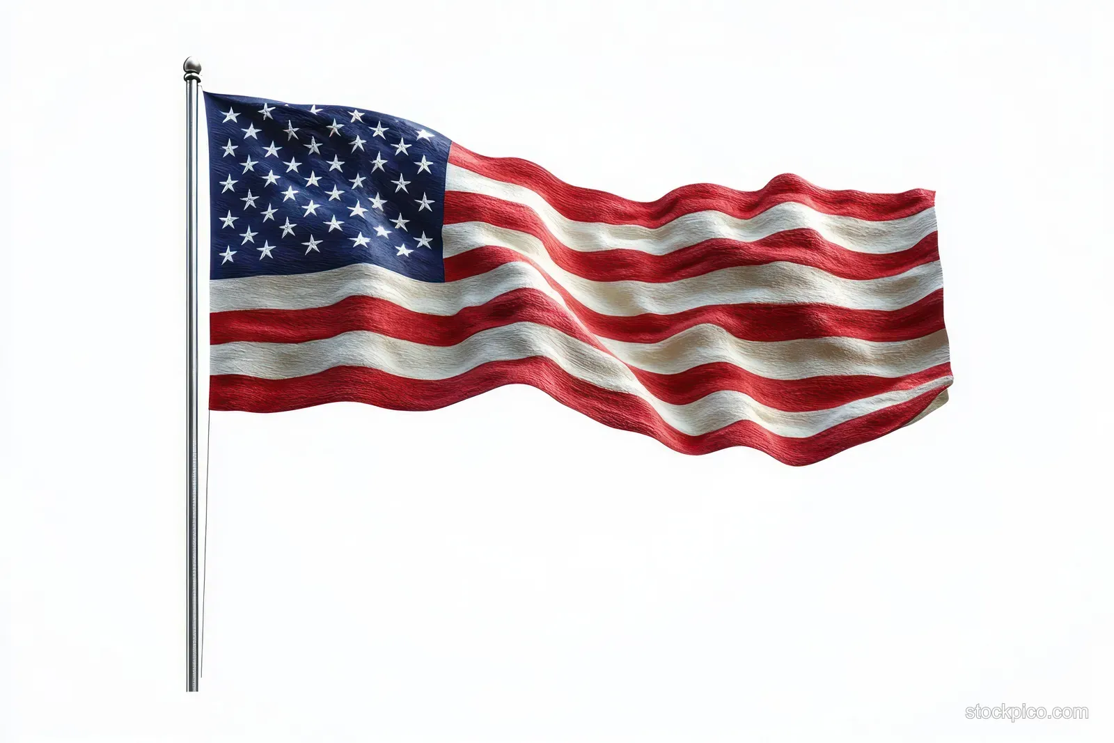A US flag with stars and stripes waves on a silver pole against a white background.