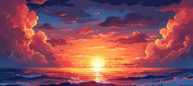 Pixel art sunrise over a calm ocean with a glowing sun, pink-orange clouds, and rippling reflections on the water.