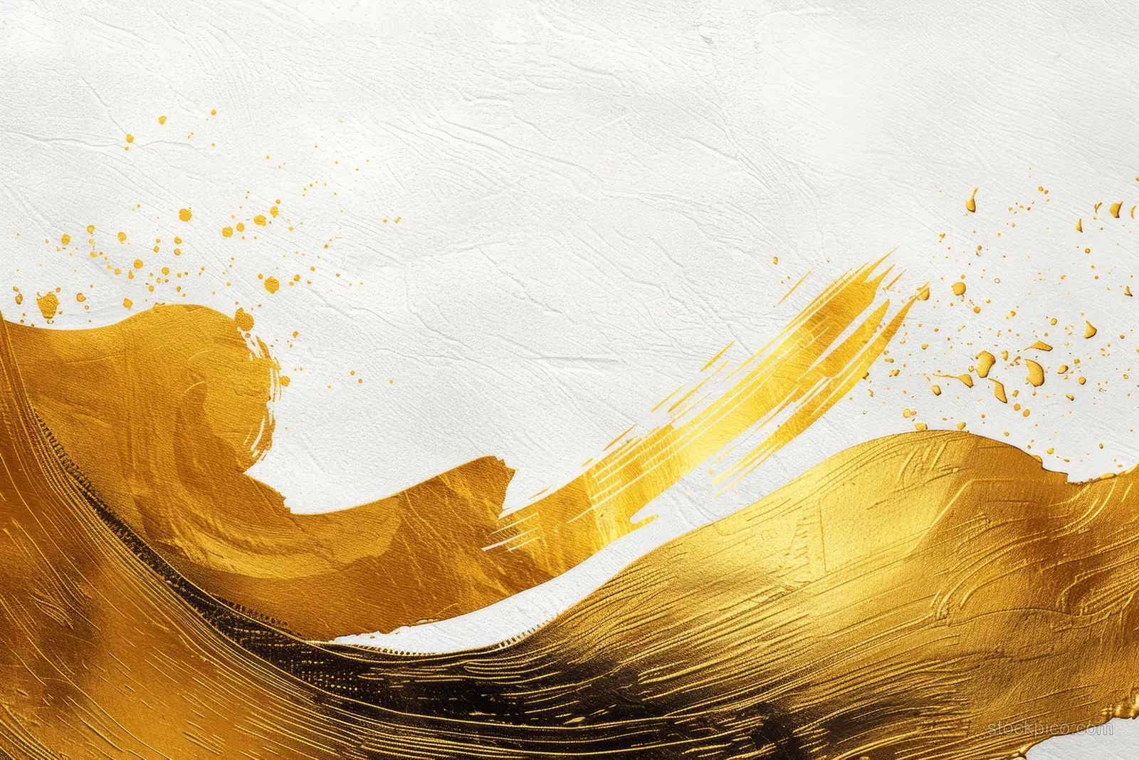 Golden Japanese-style brush strokes and speckles sweep across white textured paper.