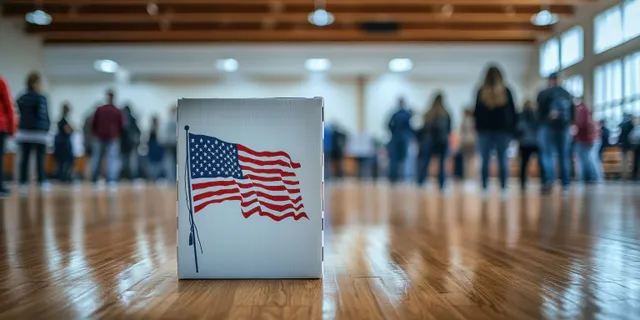 An American ballot box with a flag sits in a polling station as voters wait in the blurred background.