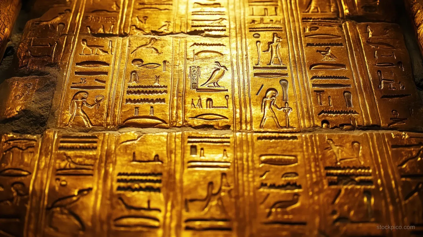 Warm-lit golden wall relief covered with closely carved ancient Egyptian hieroglyphs and human figures.