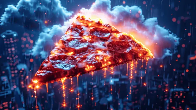 Floating pepperoni pizza in storm clouds, glowing embers and city lights at night