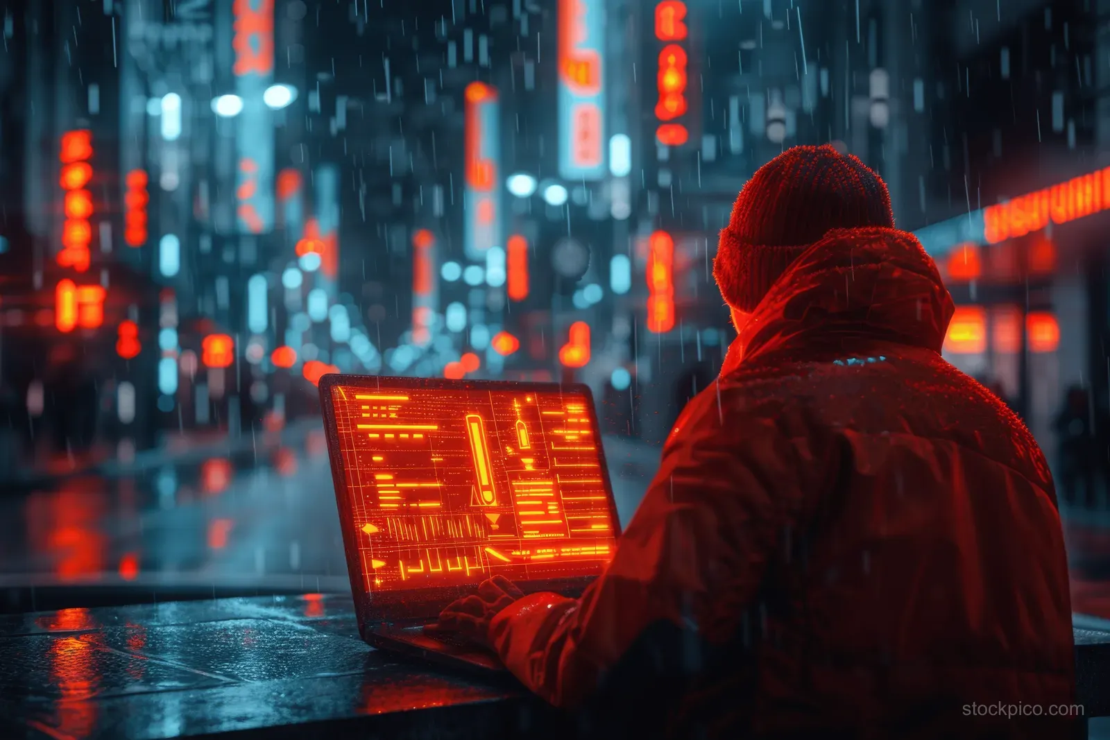 A hooded man analyzes red economic charts on a laptop in a rainy city with warning-style visuals behind him.