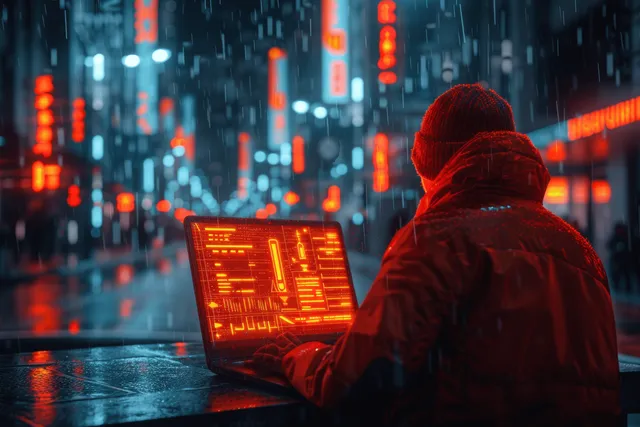 A hooded man analyzes red economic charts on a laptop in a rainy city with warning-style visuals behind him.