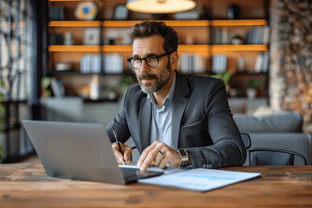 Focused man manager researching on laptop while writing notes at office desk