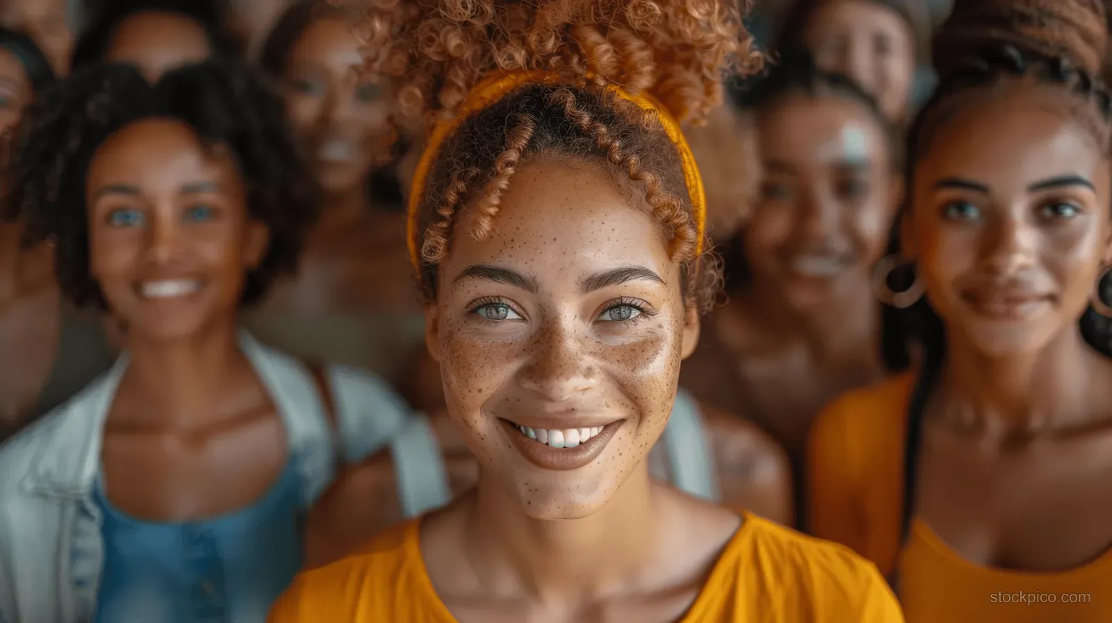 Several smiling women with diverse hairstyles and skin tones pose together in warm lighting.